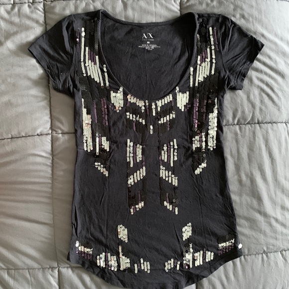 Armani Exchange:  black sequin t-shirt. - Picture 1 of 3